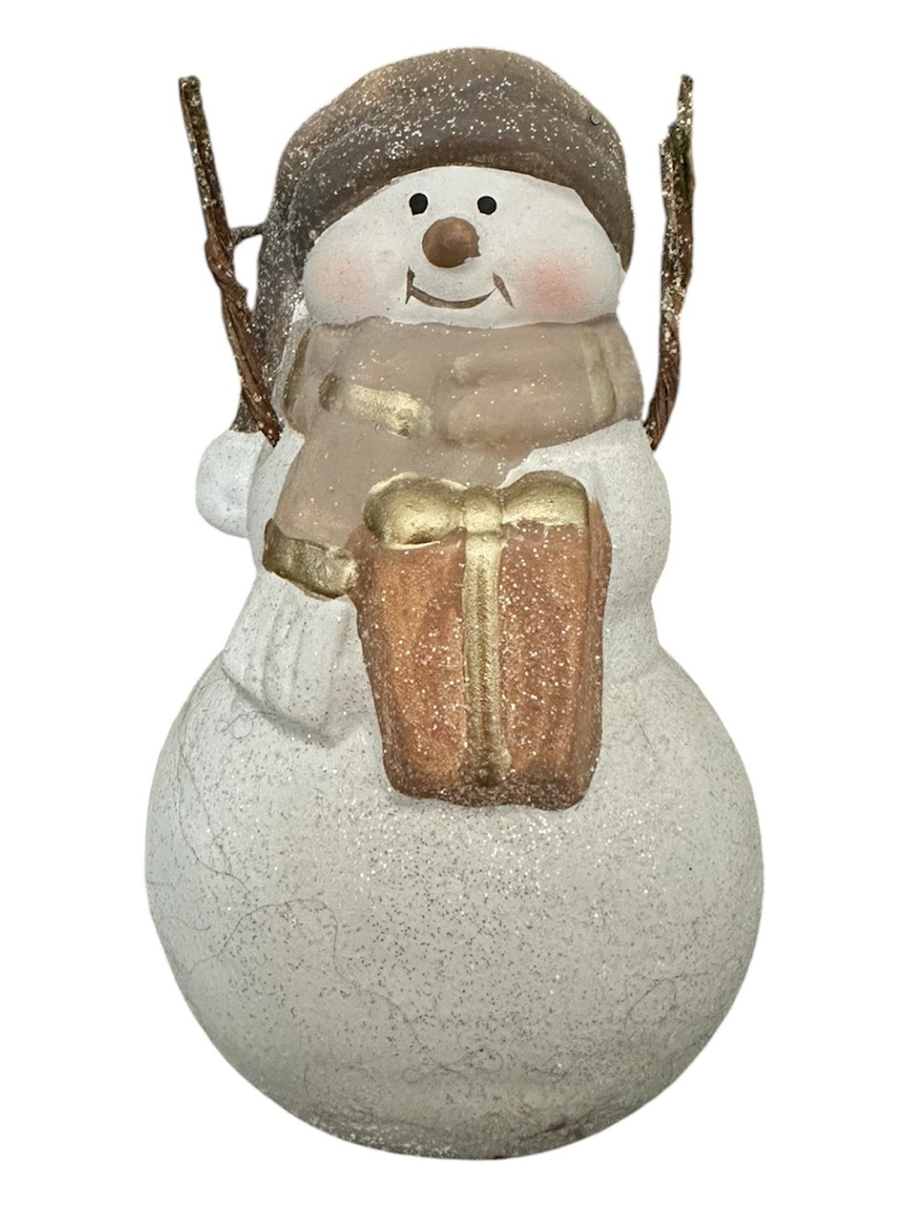 Rustic White Snowman Figurine with Gold Gift - Home Holiday Decor